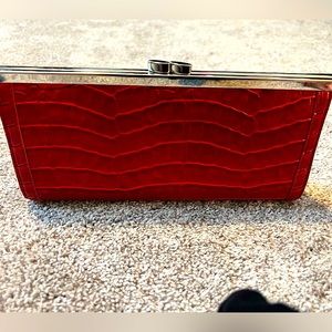 Red faux crocodile skin kiss lock clutch